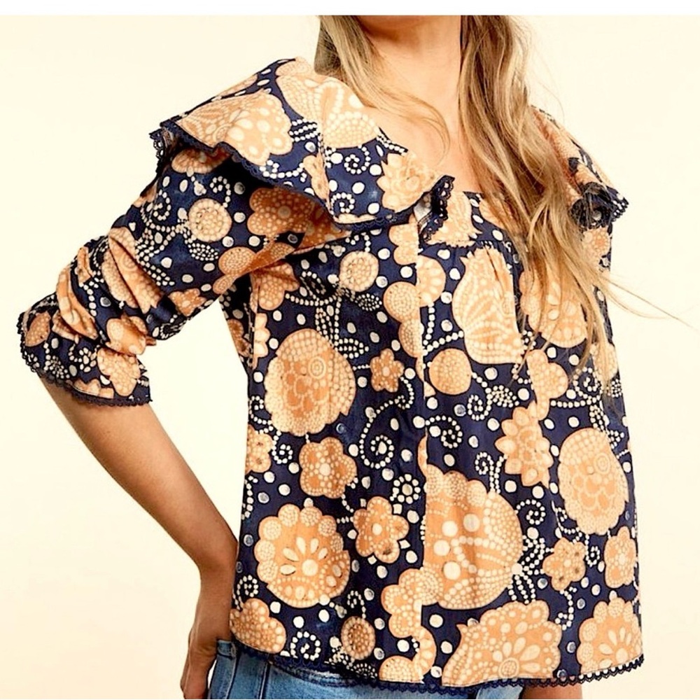 ANTHROPOLOGIE, THE ODELLS, Ruffled Off-Shoulder Blouse with Sailor Collar, EUC